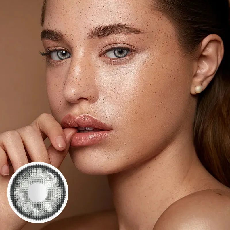 A Beautiful Woman Wearing Apricity Gray Colored Contact Lenses